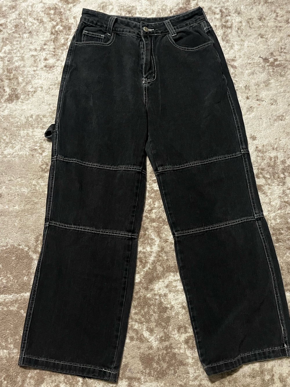 SHEIN Womens Black Contrast Stitch Carpenter Jeans Size Lx28 Wide Leg Skate Y2K